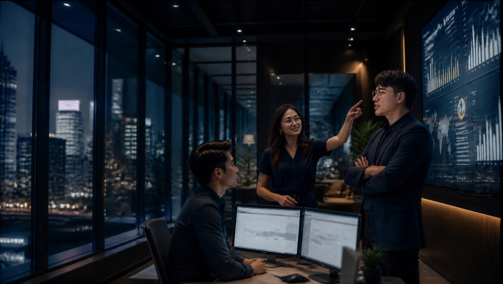 Filipino professionals in a modern nighttime office reviewing operational dashboards, with a city skyline visible through floor-to-ceiling windows