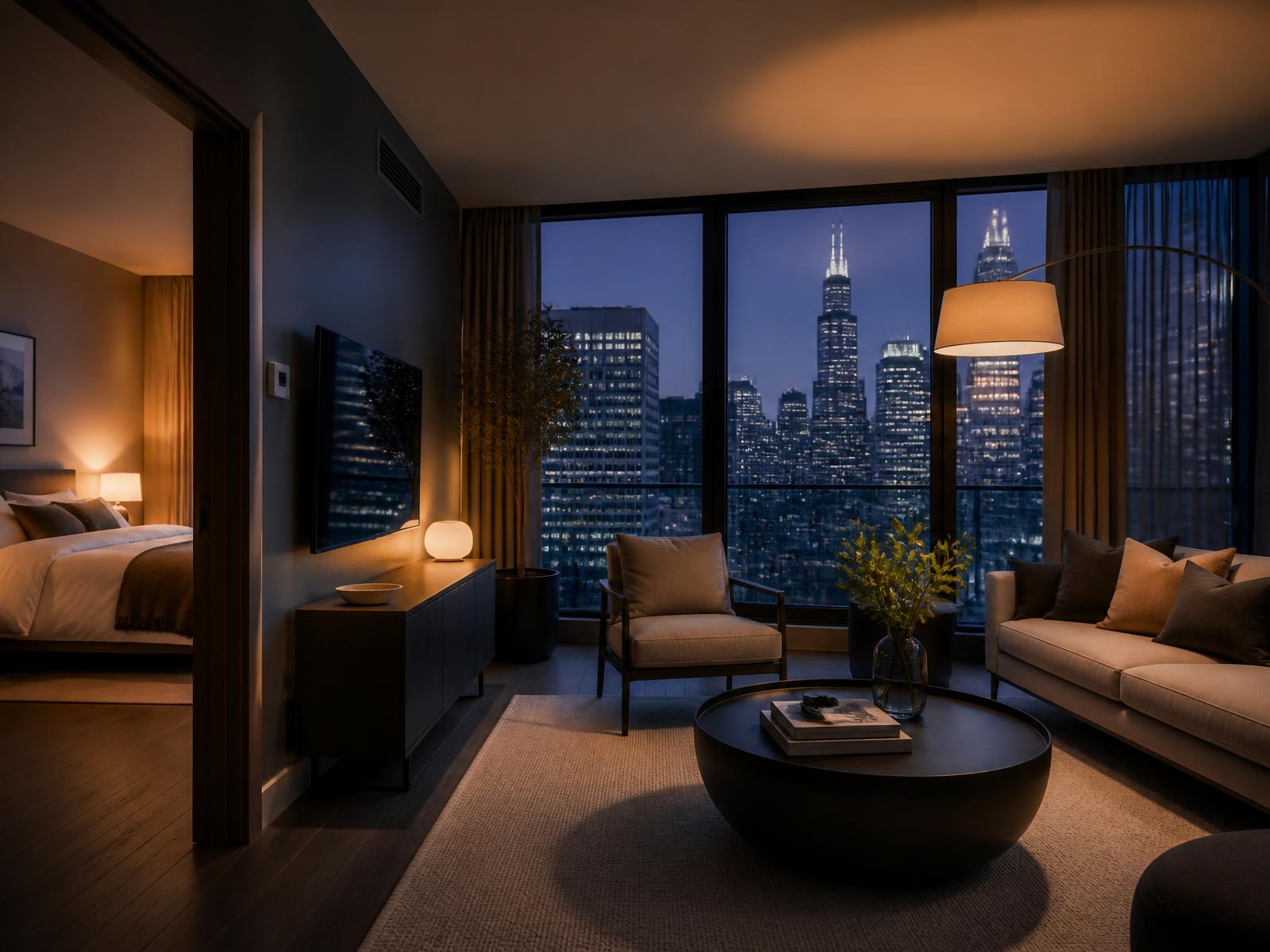Modern short-term rental apartment prepared for an evening guest arrival